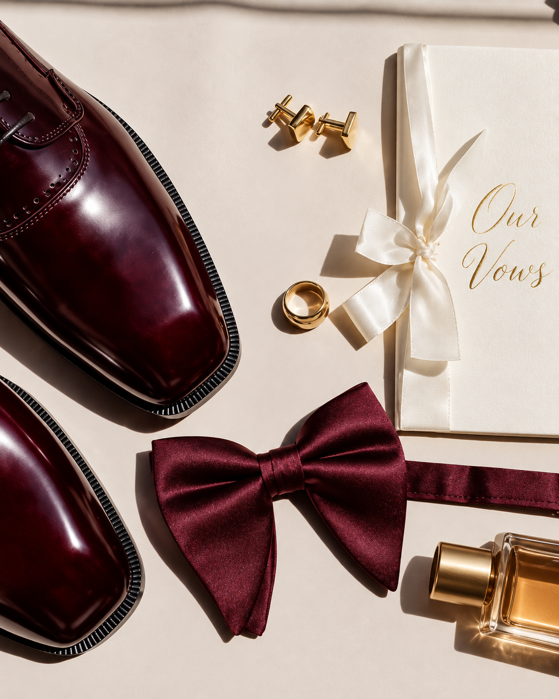 A cream vow book beside burgundy dress shoes, a satin bow tie, gold cufflinks and a wedding band