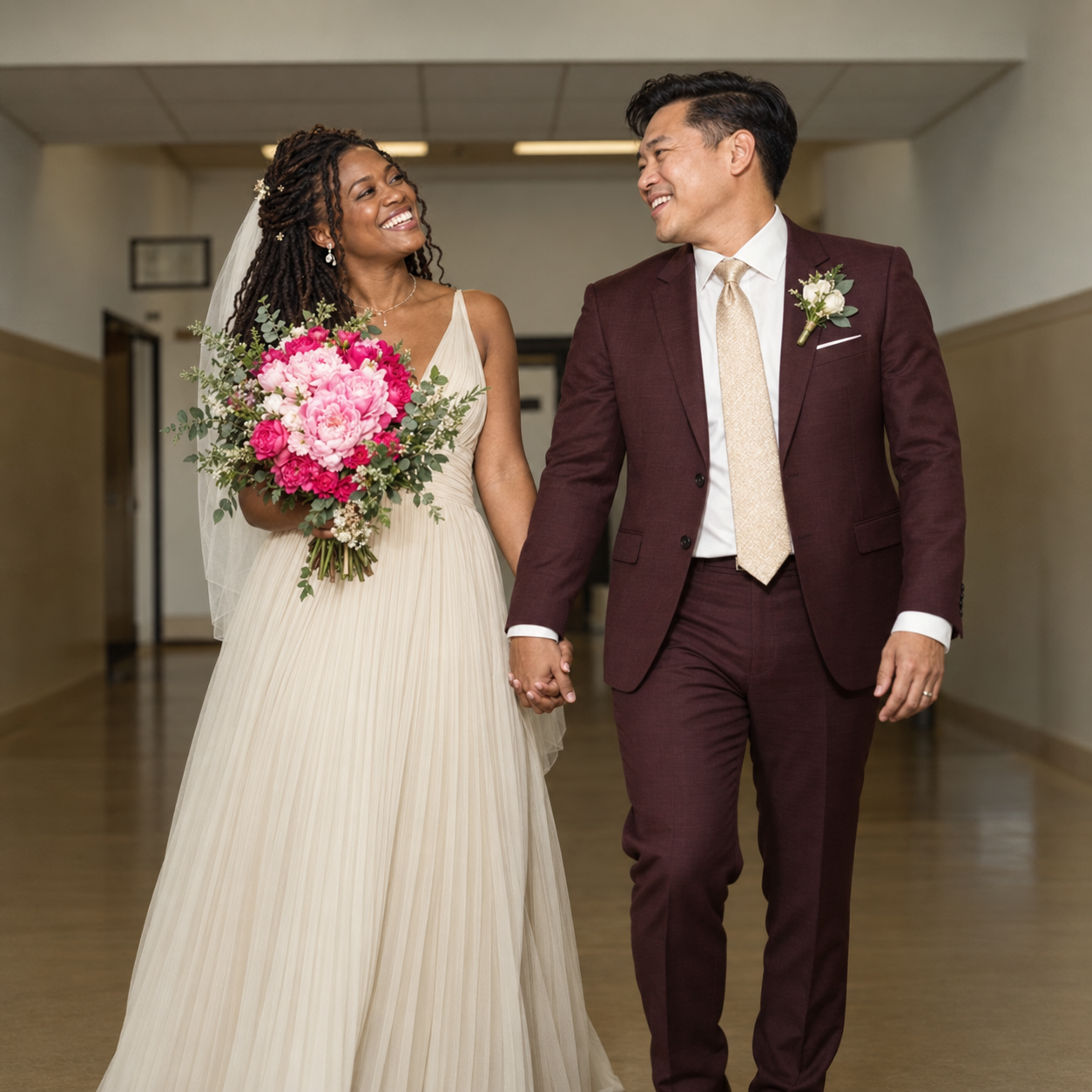A bride with a pink peony bouquet and her groom in a burgundy suit walking hand in hand down a courthouse corridor
