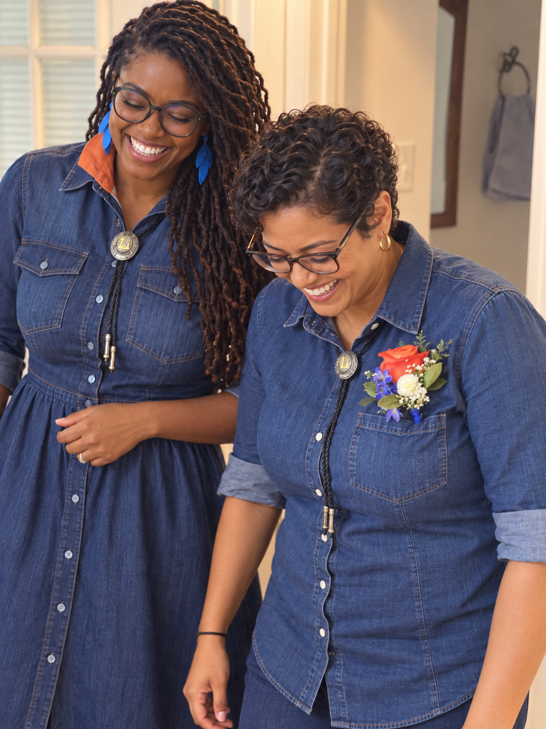Two brides in matching denim, one wearing a rose boutonniere, laughing together before their ceremony
