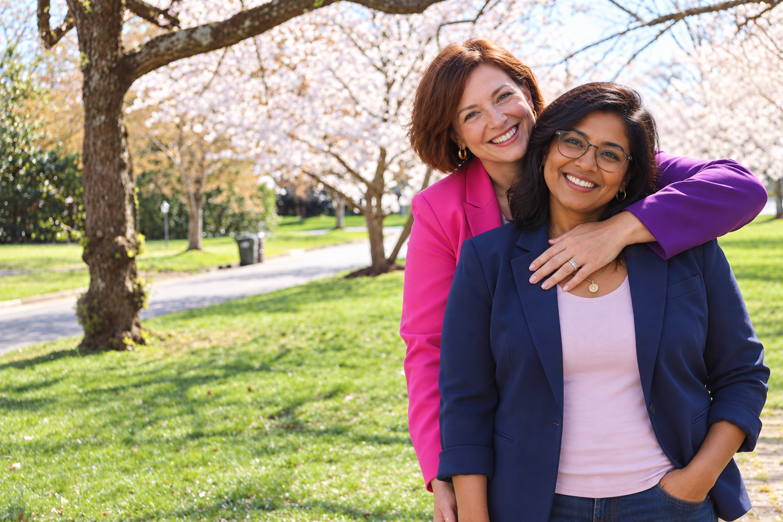 Two partners laughing together under blooming cherry blossoms on a spring afternoon