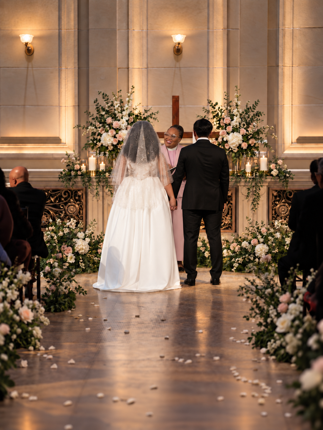 Dani officiating a candlelit ceremony at the altar as a bride and groom hold hands surrounded by blush and white florals