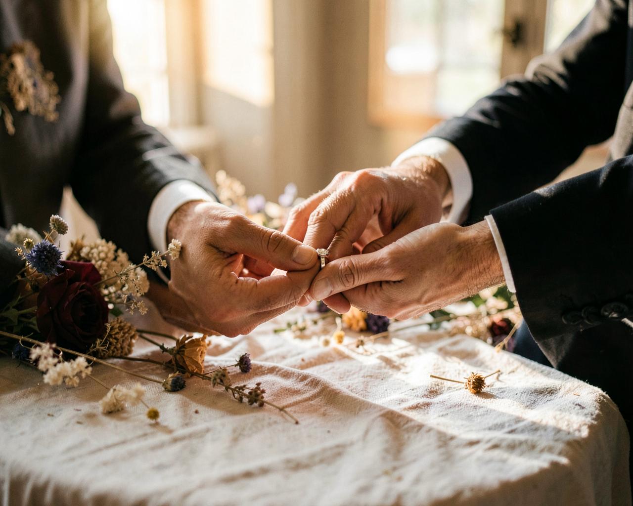 Two hands exchanging rings over a linen table with dried florals