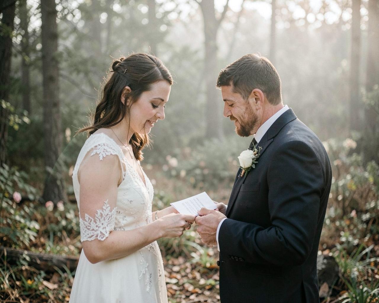 A couple reading handwritten vows at a small woodland ceremony
