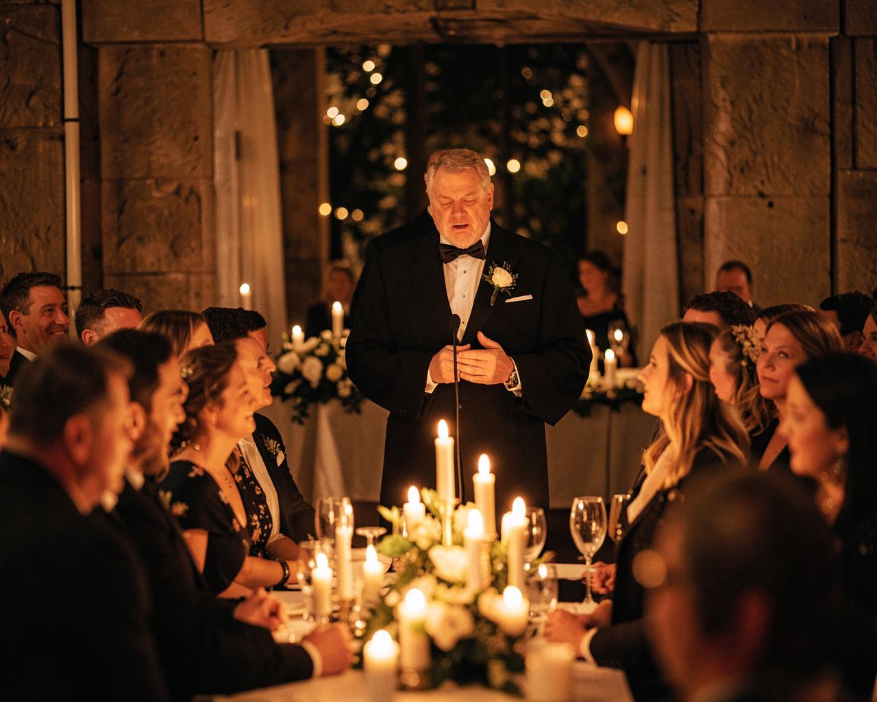 An officiant mid-speech at a candlelit vow renewal, guests seated close
