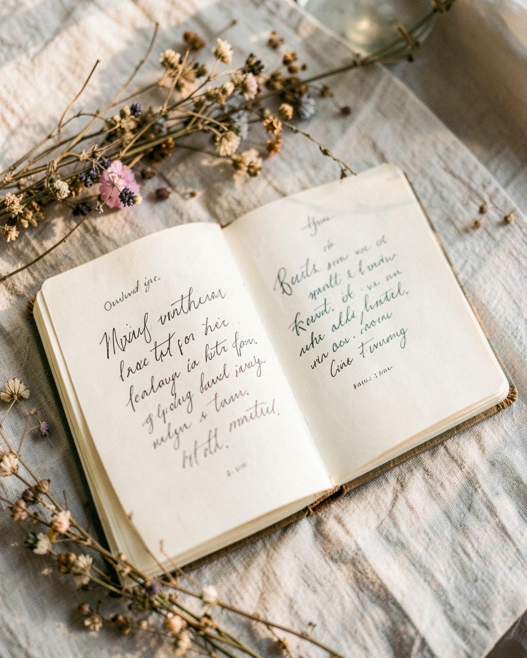 An open handwritten vow book on a linen table with sprigs of dried florals